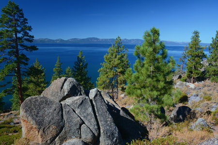 Tranquil sunny vista on Logan Shoals, a scenic overlook on the eastern shoreline of Lake Tahoe, Nevada.の写真素材