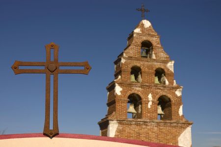 Belltower at the spanish mission of San Miguel on the Camoino Real in Central Californiaの写真素材