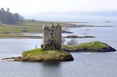 ruins of Castle Stalker in Scotlandの写真素材