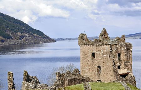 ruins of the blownup Castle Grant at Loch Ness in Scotland, site of the most sightings of the Loch Ness monster.の写真素材