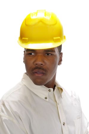 young African American man in a hard-hat isolated on white