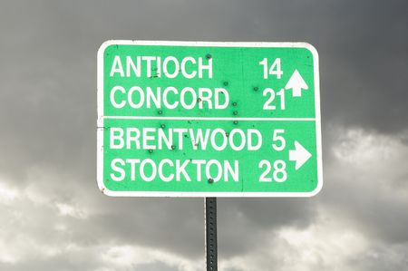 Road sign with several bullet holes
