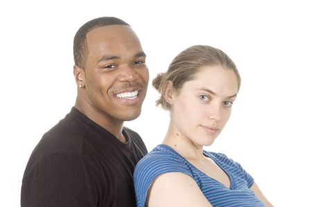 african american man with caucasian woman smiling looking at each other isolated over whiteの写真素材