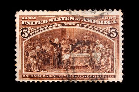 UNITED STATES - CIRCA 1892:Depicting Columbus in court of Isabella , with inscription Colombus...