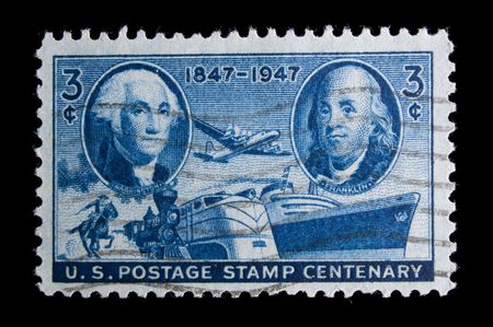 UNITED STATES - CIRCA 1947: Depicting inset of Franklin and Washington with train, Inscription "1847-1947 US Postage Stamp Centenary"  with airplane and ship, face  3 cents, circa 1947のeditorial素材