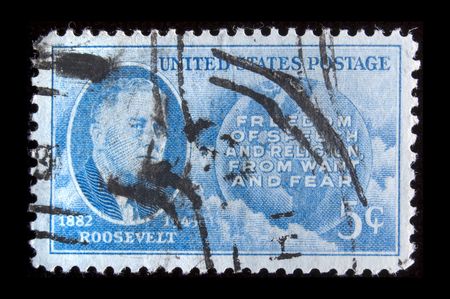 UNITED STATES- CIRCA 1945: Depicting inset of Roosevelt and world, with inscription Freedom of...
