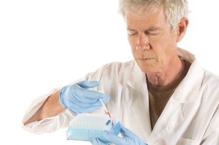 microbiologist research technician injecting blood samples, isolated on whiteの写真素材