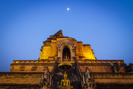 Wat Chedi Luang temple after sunset in Chiang Mai, Thailand.の写真素材
