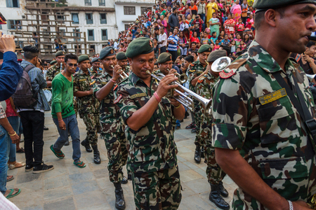 KATHMANDU, NEPAL - 9/26/2015: The Nepalese military band performs during the Indra Jatra festival at Durbar Square in Kathmandu, Nepal.のeditorial素材