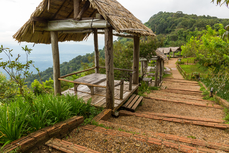 Mountainside huts for viewing the landscape at Mon Chaem in Chiang Mai, Thailandの写真素材