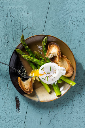 Poached egg with asparagus and grilled bread on plate with forkの写真素材