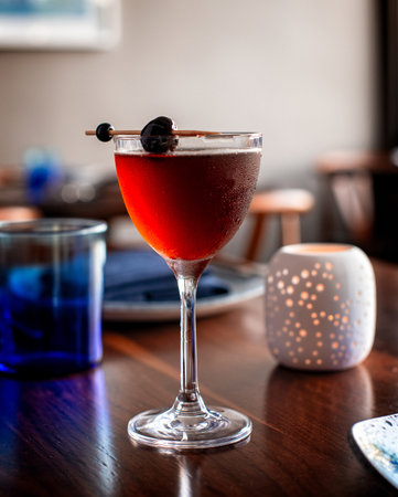 Manhattan drink in bar on table with a side viewの写真素材
