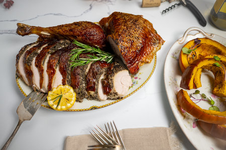 Thanksgiving Turkey with Duxelles and Pumpkin on tableの写真素材