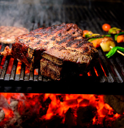 Steak on charcoal grill with vegetablesの写真素材