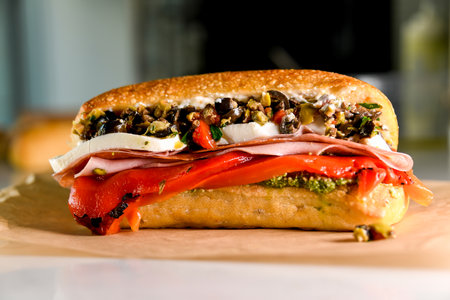 Italian sandwich with olive tapenade, buffalo, mozzarella cheese, roasted red peppers, pesto, fresh crunchy rollの写真素材