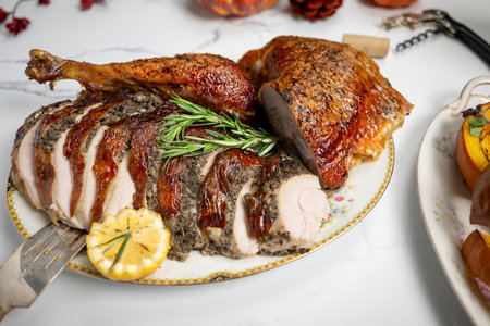 Thanksgiving turkey leg close up with lemon and duxellesの写真素材