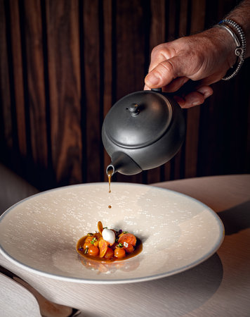 Vegetable soup with chef pouring broth into bowl with carrots, sunflower seeds and edible flowersの写真素材