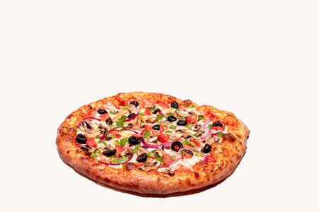 Supreme. deluxe pizza on a white background with area for personal messageの写真素材