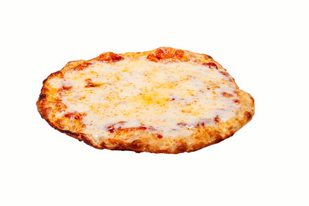 Cheesy whole pizza on a white backgroundの写真素材