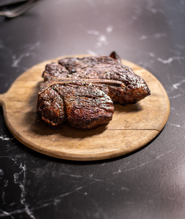 Sizzlling Portehouse steak on a wood board