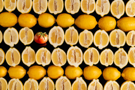 Lemons and a tomato arrangementの写真素材