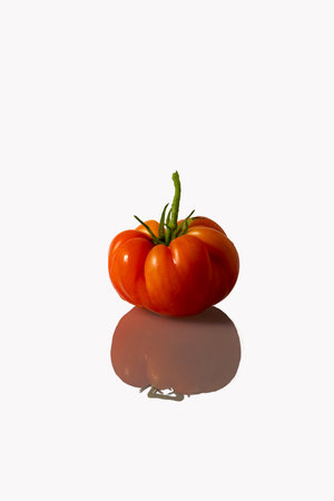 Fresh whole tomato with a shadow on a white backgroundの写真素材