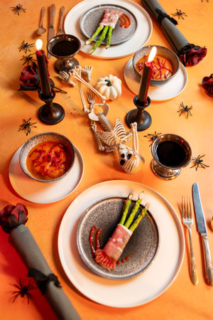 Plated Halloween dinner party food for adults, fun timesの写真素材