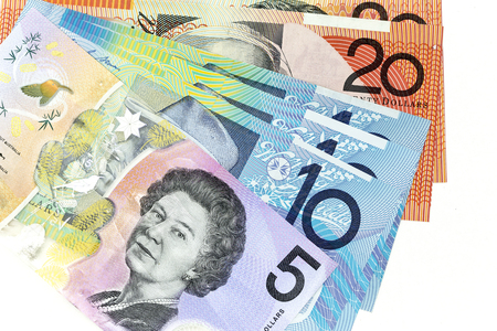 Currency banknotes spread across frame australian dollar in various denominationの写真素材