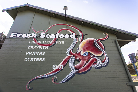 Octopus sign board at Apollo Bay fish market Apollo Bay Coastal Reserve Melbourne Australia Great Ocean Roadのeditorial素材