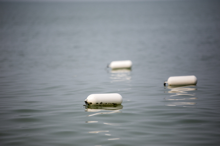 White cylinder shaped float marker floating on sea water surfaceの写真素材
