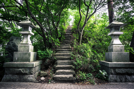Flight of stairs leading up to Ubuyagasaki Shrine near Lake Kawaguchi Japanの写真素材