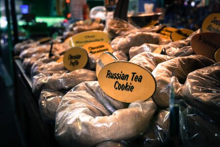 Close up view of Russian tea cookie cake on sale in local produce marketの写真素材