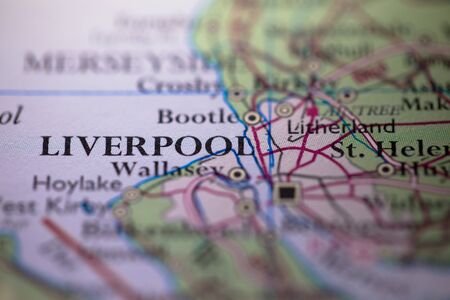 Geographical map location of Liverpool city in England United Kingdom Europe continent on atlasの写真素材