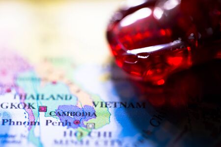 Geographical map location of country Cambodia in Asia continent on atlasの写真素材