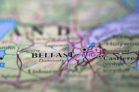 Geographical map location of Belfast city in Northern Island United Kingdom Europe continent on...