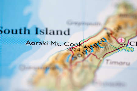 Shallow depth of field focus on geographical map location of Mount Aoraki or Cook in New Zealand...
