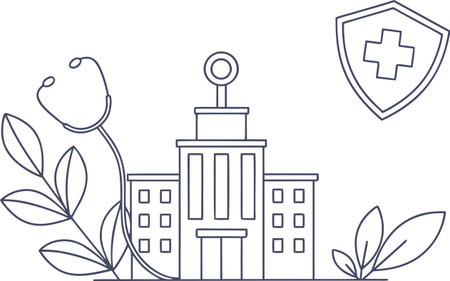 Minimalist line art illustration of a hospital building with a stethoscope and shield symbolizing healthcare servicesのイラスト素材