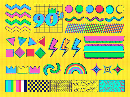 Vector set of 80s-90s memphis design elements in pop art style.のイラスト素材