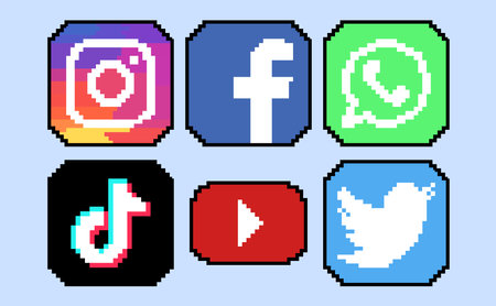 Set of 8 pixel art icons. Vector illustration in retro style.