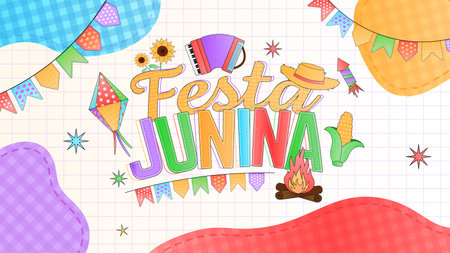 Festa Junina lettering on checkered background. Vector illustration.の写真素材