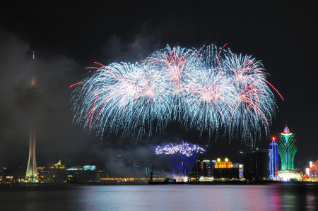 Macau Colorful Firework with landmark Macau Towerのeditorial素材