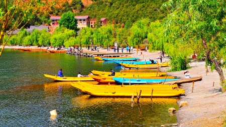 Boats on Lake Luguのeditorial素材