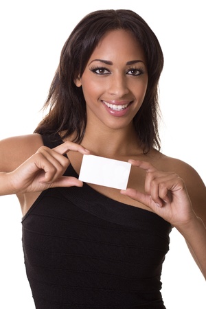 Attractive woman smiling with a blank business card  の写真素材