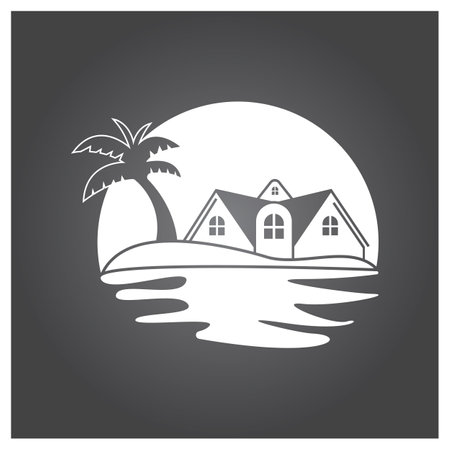 Minimalist icon sunset beach house logo design templateのイラスト素材