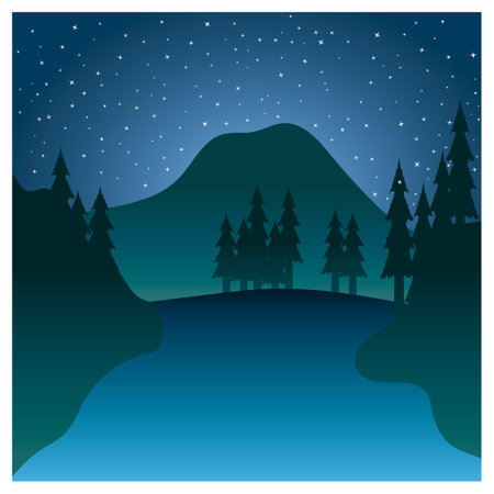 Beautiful landscape of mountains pine trees and moon design vectorのイラスト素材