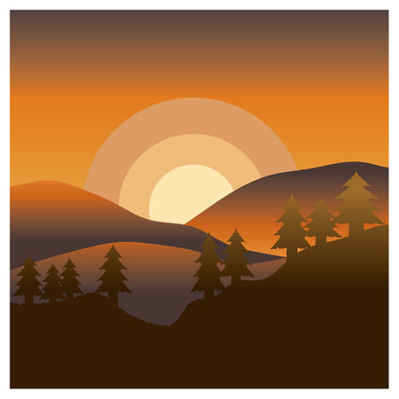 Beautiful landscape of mountains pine trees and moon design vectorのイラスト素材