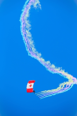 Bagotville, Canada- June 22, 2013: The Bagotville Airshow is a 2 days airshow where the Bagotville Airport opens to the public with a variety of aerial performers as well as aircraft and vehicles on display. This image shows the Canadian Forces Skyhawks Pのeditorial素材