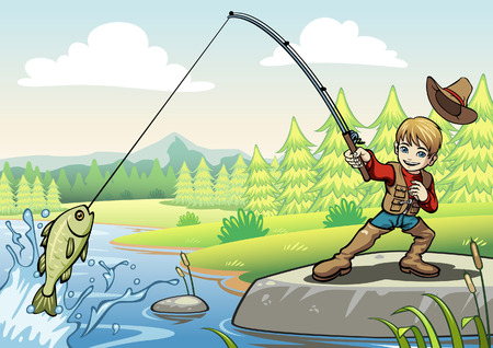 A young boy catch a fish from the riverbank.のイラスト素材