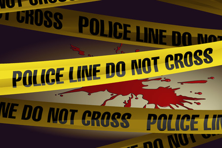 Police lines at the crime scene with spilled blood in the background.のイラスト素材