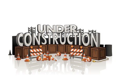 Under construction concept with roadblocks, wire, several wooden boxes and equipment.のイラスト素材